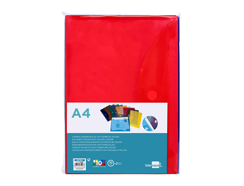 CARPETA LIDERPAPEL DOSSIER A4 CIERRE DE VELCRO COLORES SURTIDOS PACK 10+2 GRATIS