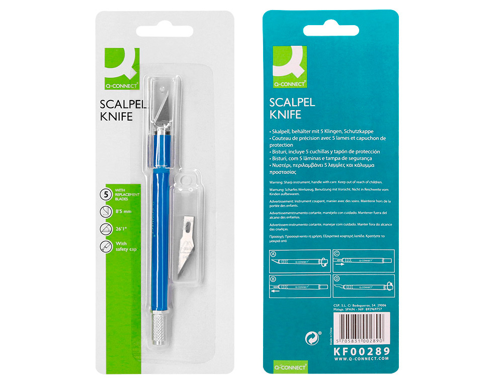 BISTURI Q-CONNECT METALICO ALEACION DE ALUMINIO CON GOMA - 5 CUCHILLAS DE REPUESTO - BLISTER 1 UNIDAD