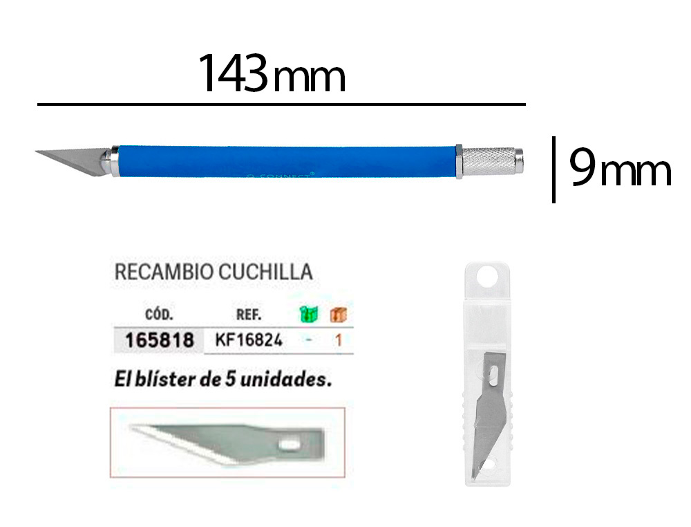 BISTURI Q-CONNECT METALICO ALEACION DE ALUMINIO CON GOMA - 5 CUCHILLAS DE REPUESTO - BLISTER 1 UNIDAD