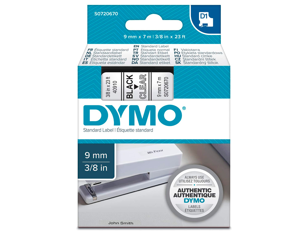 CINTA DYMO NEGRO-TRANSPARENTE 9MM X 7MT D1
