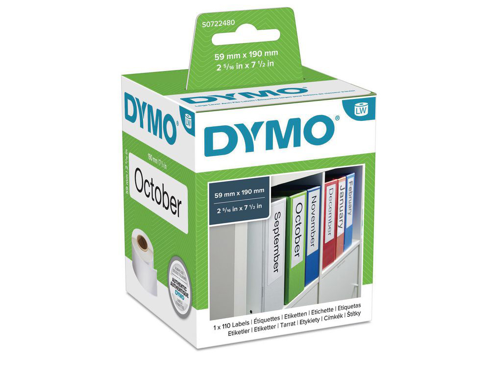 ETIQUETA ADHESIVA DYMO 99019 -TAMAÑO 59X190 MM PARA IMPRESORA 400 110 ETIQUETAS USO LOMO ARCHIVADORES