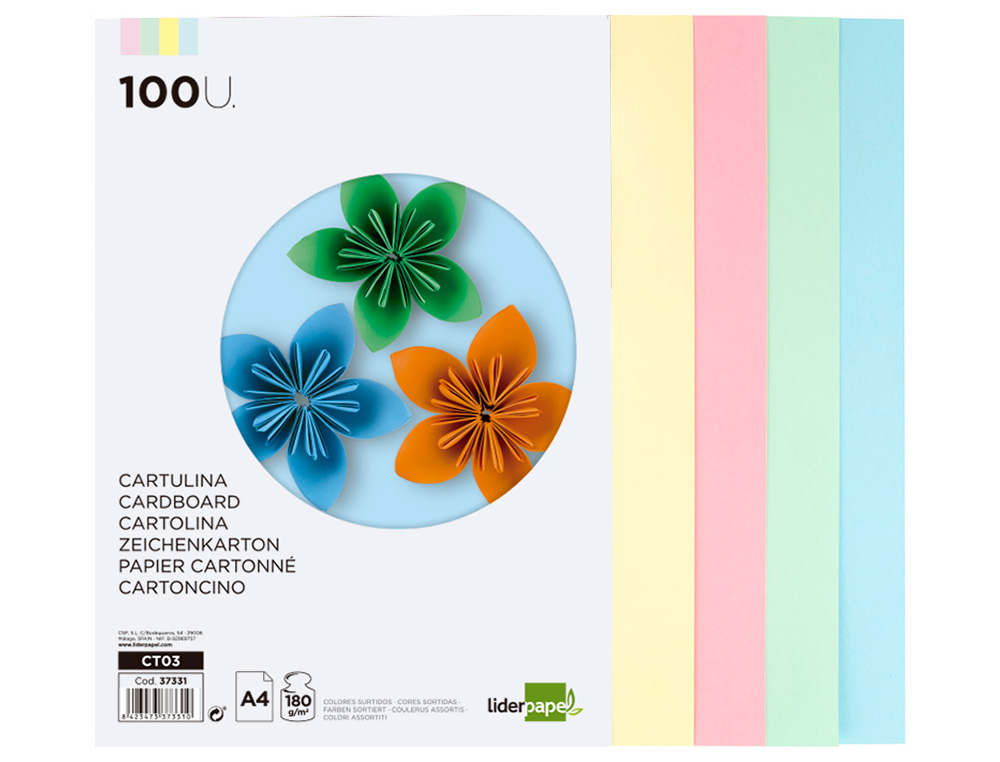CARTULINA LIDERPAPEL A4 180G/M2 4 COLORES SURTIDOS PAQUETE DE 100 HOJAS