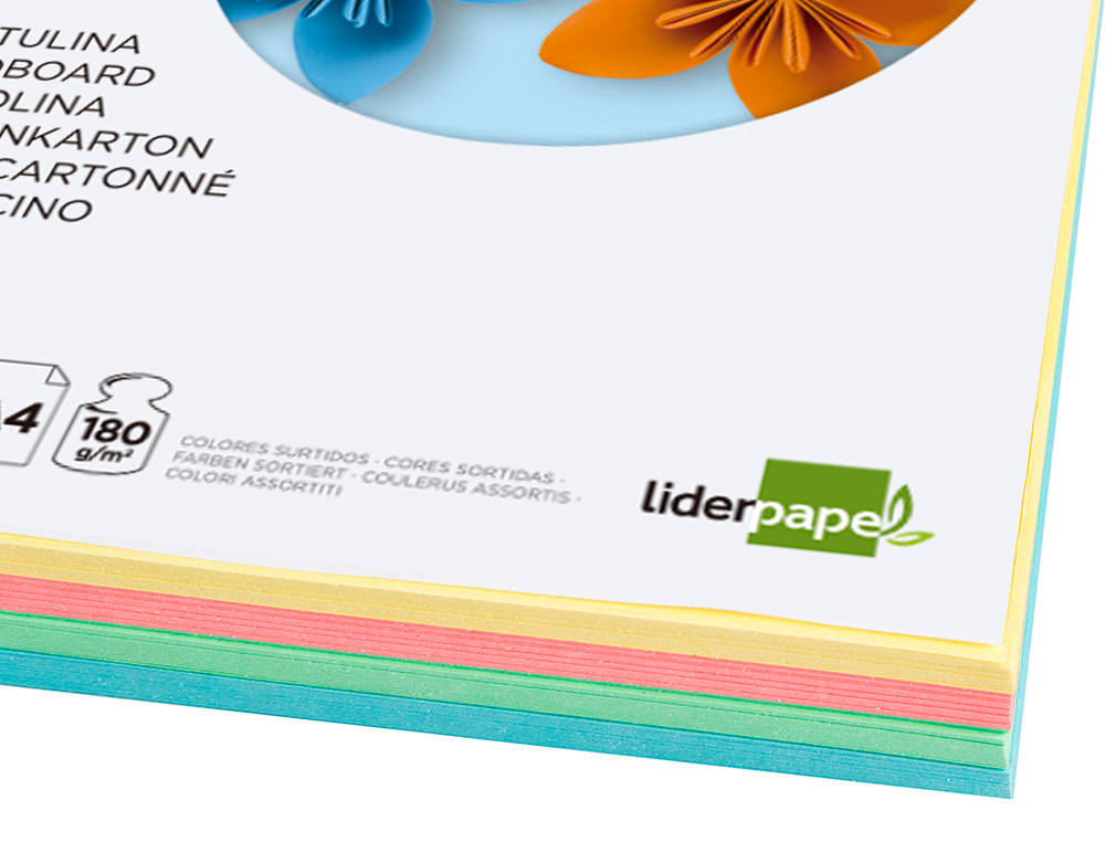 CARTULINA LIDERPAPEL A4 180G/M2 4 COLORES SURTIDOS PAQUETE DE 100 HOJAS
