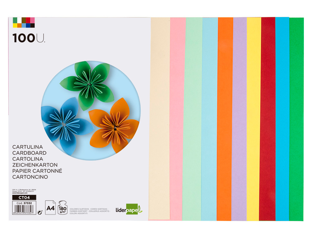 CARTULINA LIDERPAPEL A4 180G/M2 10 COLORES SURTIDOS PAQUETE DE 100 HOJAS