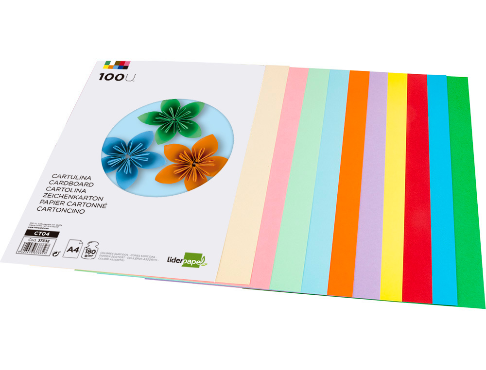 CARTULINA LIDERPAPEL A4 180G/M2 10 COLORES SURTIDOS PAQUETE DE 100 HOJAS