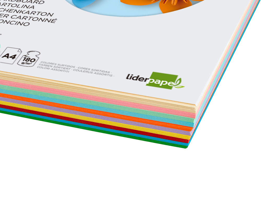 CARTULINA LIDERPAPEL A4 180G/M2 10 COLORES SURTIDOS PAQUETE DE 100 HOJAS