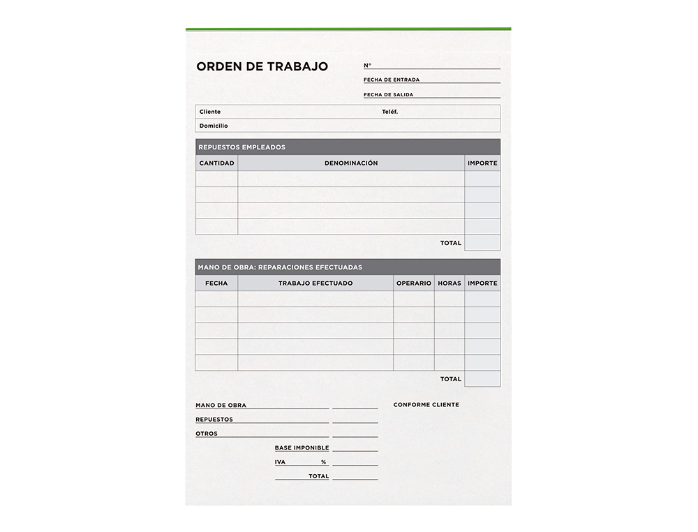 TALONARIO LIDERPAPEL ORDEN DE TRABAJO CUARTO ORIGINAL Y COPIA T255