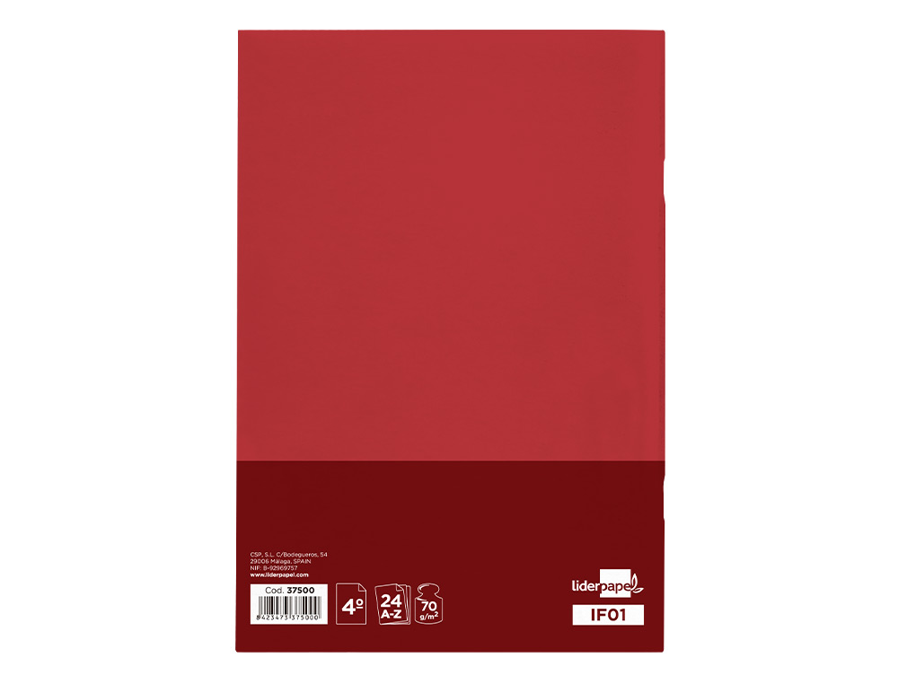 INDICE LIDERPAPEL TAPA CARTONCILLO CUARTO 24 HOJAS 70G/M2 COLORES SURTIDOS
