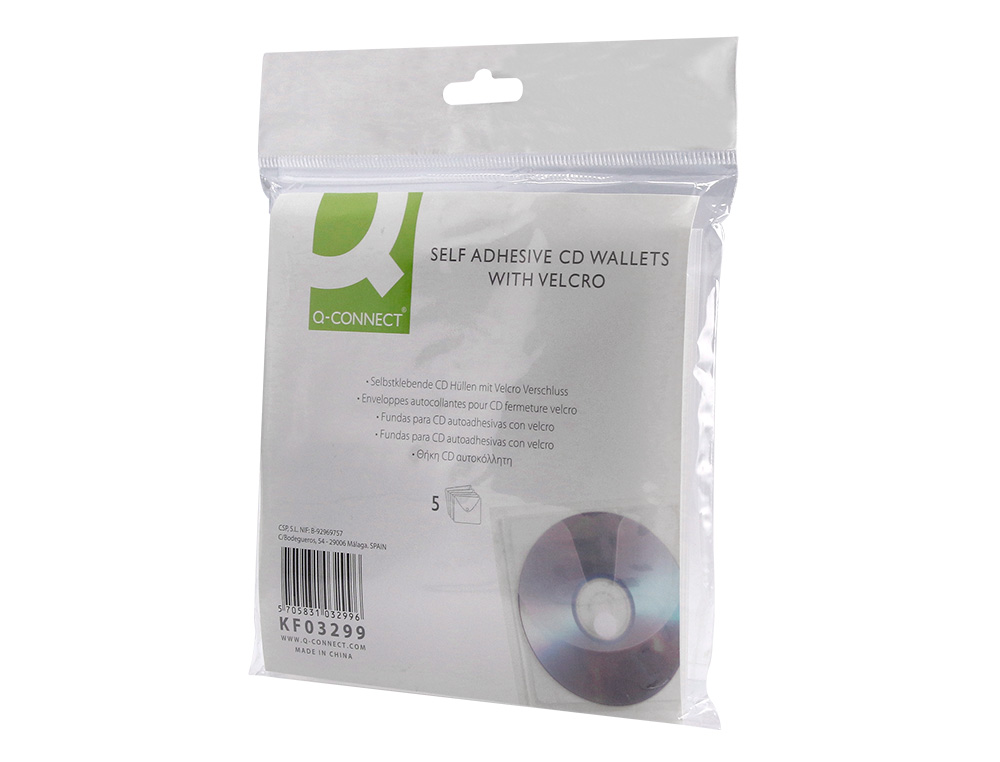 SOBRE PARA CD Q-CONNECT POLIPROPILENO AUTOADHESIVO CONVELCRO-BOLSA CON 5 UNIDADES-