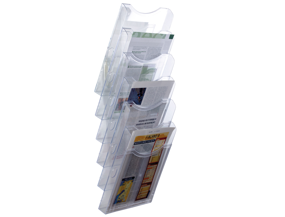 EXPOSITOR MURAL ARCHIVO 2000 DE PARED 6 BANDEJAS DIN A4 TRANSPARENTE 155X239X665 MM SEPARADORES MOVILES AJUSTABLES