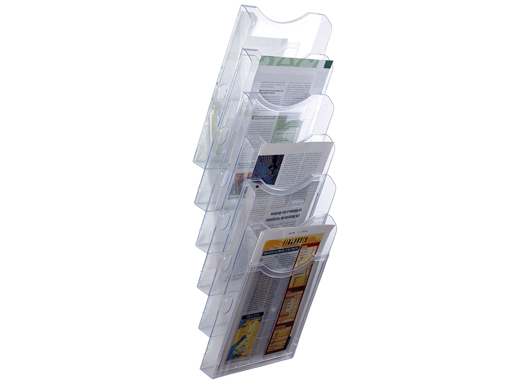 EXPOSITOR MURAL ARCHIVO 2000 DE PARED 6 BANDEJAS DIN A4 TRANSPARENTE 155X239X665 MM SEPARADORES MOVILES AJUSTABLES