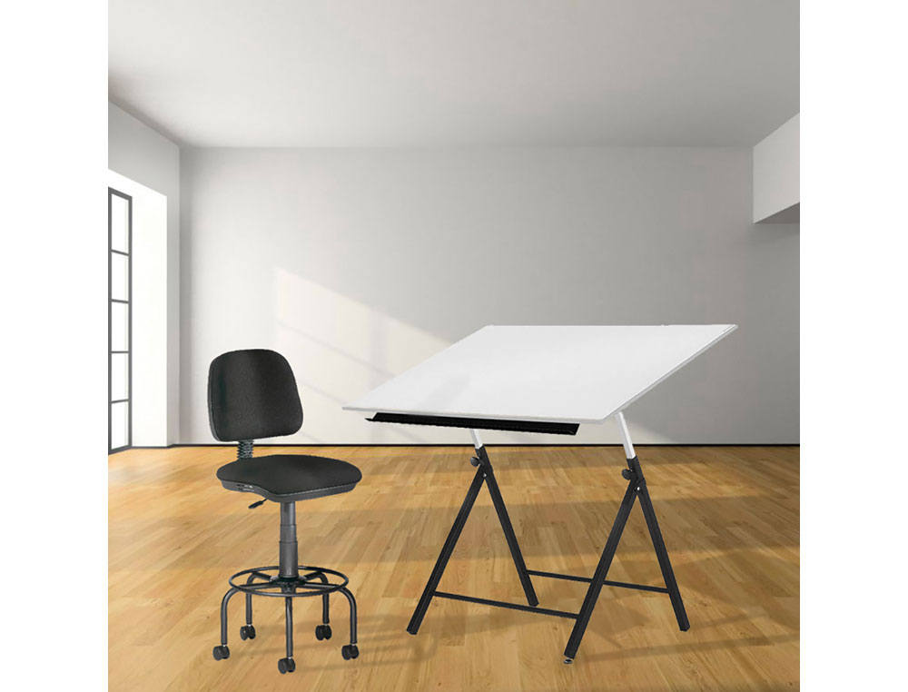 TABURETE CON RESPALDO ROCADA PARA MESA DE DIBUJO NEGRO REGULABLE EN ALTURA HASTA 725 MM TELA IGNIFUGA