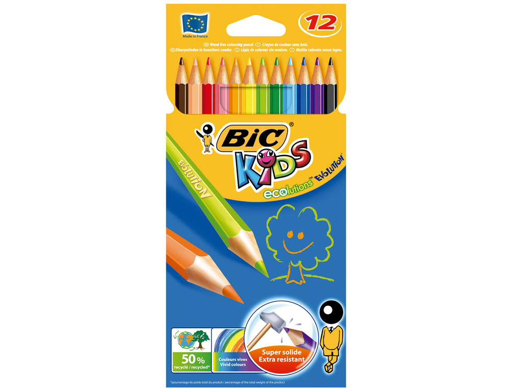 LAPICES DE COLORES BIC KID EVOLUTION ESTUCHE DE 12 COLORES SURTIDOS MINA ULTRA RESISTENTE