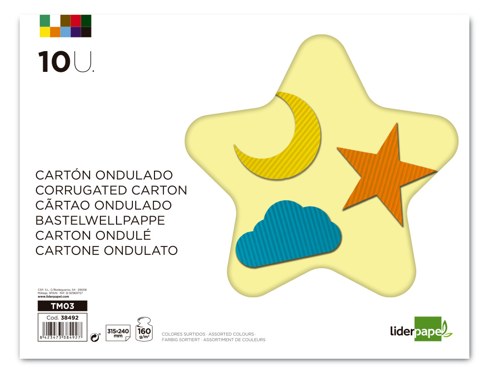 BLOC TRABAJOS MANUALES LIDERPAPEL CARTON ONDULADO 240X315MM 10 HOJAS COLORES SURTIDOS