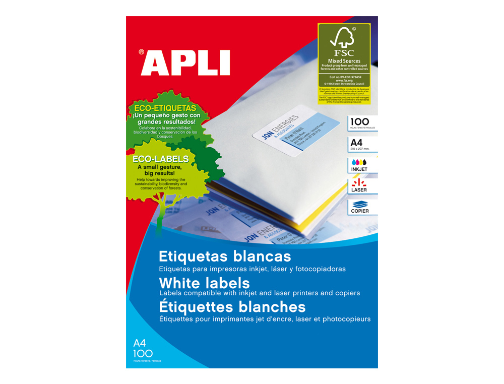 ETIQUETA ADHESIVA APLI 1283 TAMAÑO 38X21.2MM PARA FOTOCOPIADORA LASER INK-JET CAJA CON 100 HOJAS DIN A4