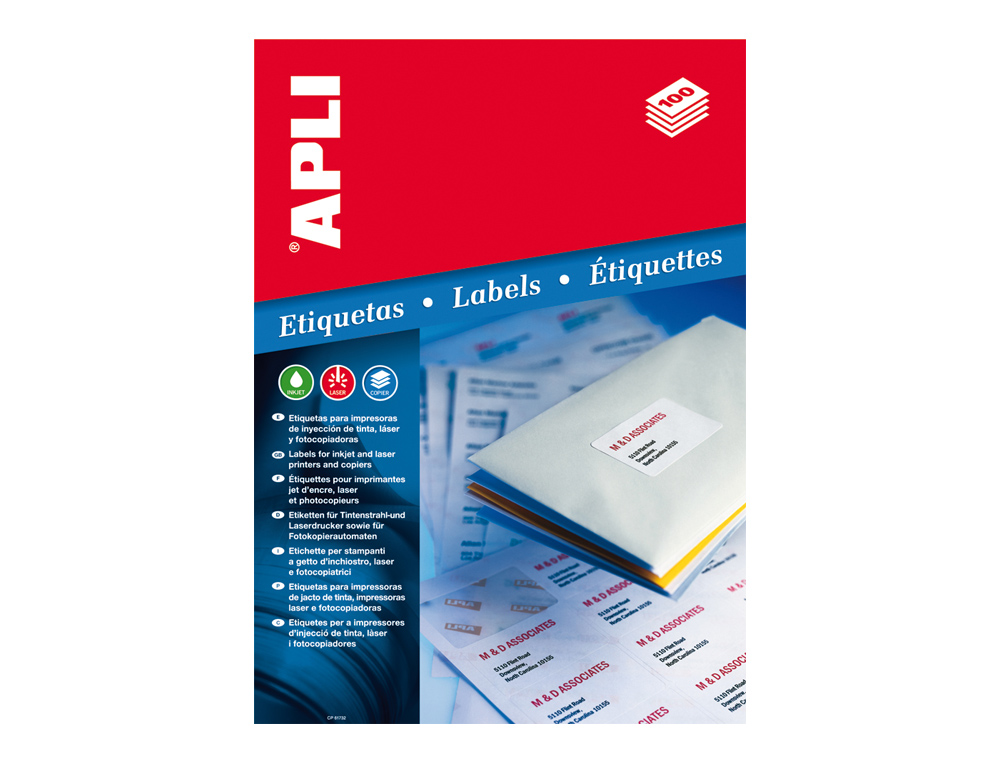 ETIQUETA ADHESIVA APLI 1279 TAMAÑO 105X74 MM PARA FOTOCOPIADORA LASER INK-JET CAJA CON 100 HOJAS DIN A4
