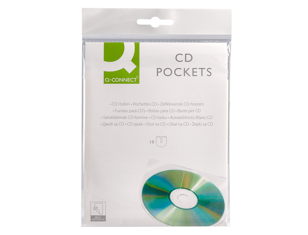 FUNDA AUTOADHESIVA PARA CD Q-CONNECT CON SOLAPA PACK DE 10 UNIDADES