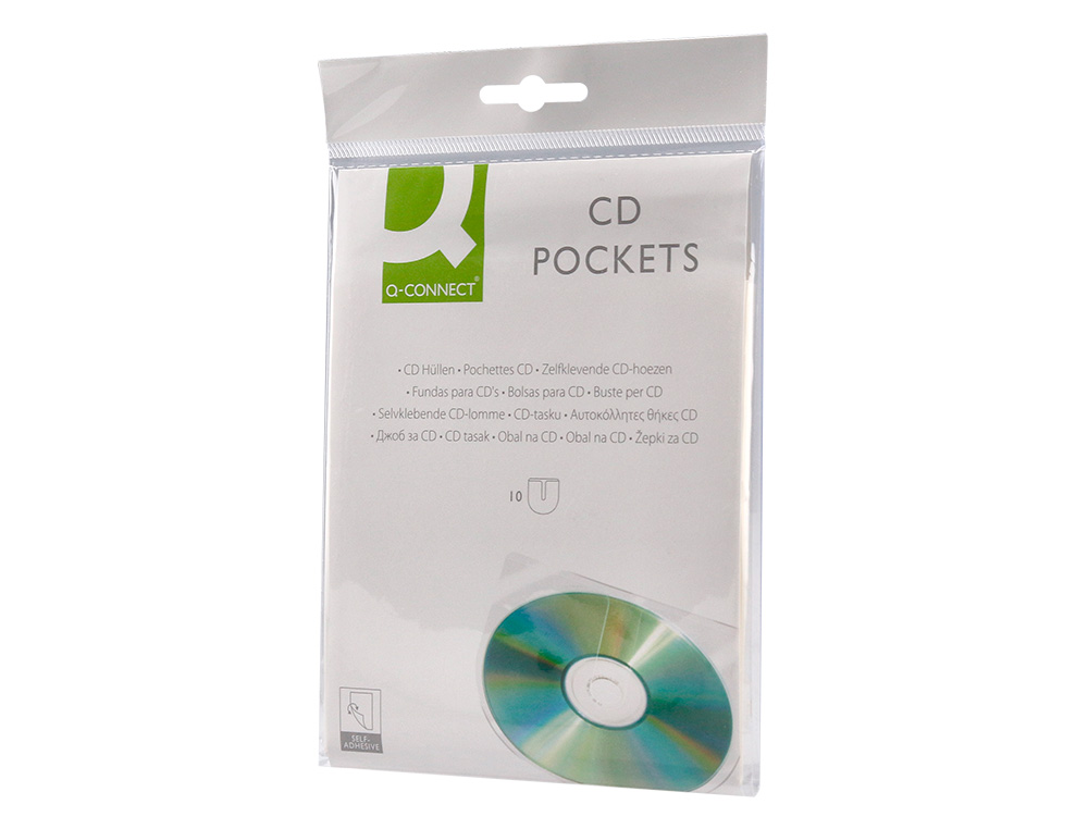 FUNDA AUTOADHESIVA PARA CD Q-CONNECT CON SOLAPA PACK DE 10 UNIDADES