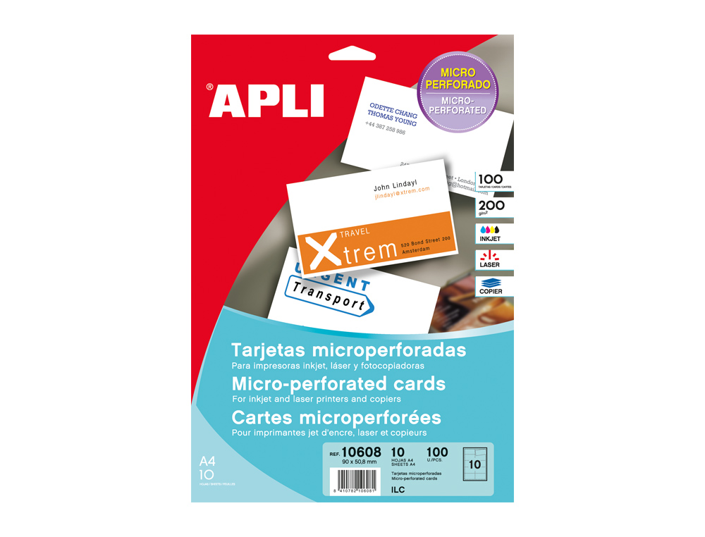 TARJETA DE VISITA APLI MICROPERFORADA 200 GR ACABADO MATE 90X50,8 MM IMPRESORA INK-JET Y LASER