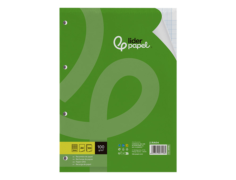 RECAMBIO LIDERPAPEL A4 100 HOJAS 100G/M2 MILIMETRADO 2MM SIN MARGEN 4 TALADROS