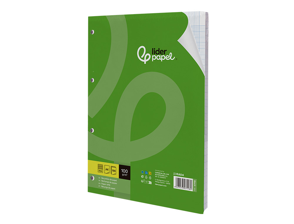 RECAMBIO LIDERPAPEL A4 100 HOJAS 100G/M2 MILIMETRADO 2MM SIN MARGEN 4 TALADROS