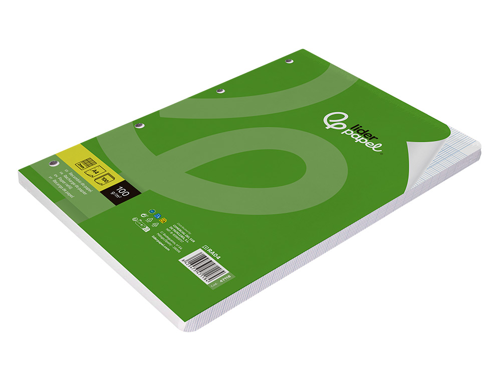 RECAMBIO LIDERPAPEL A4 100 HOJAS 100G/M2 MILIMETRADO 2MM SIN MARGEN 4 TALADROS