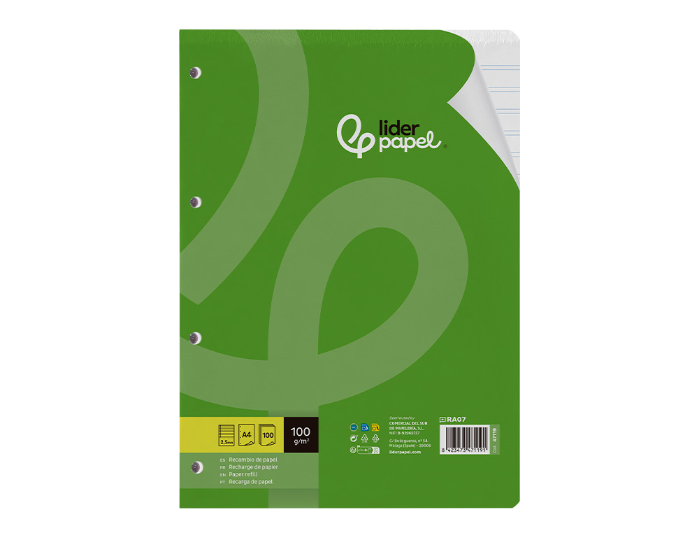 RECAMBIO LIDERPAPEL A4 100 HOJAS 100G/M2 PAUTA 5ª 2.5MM CON MARGEN 4 TALADROS