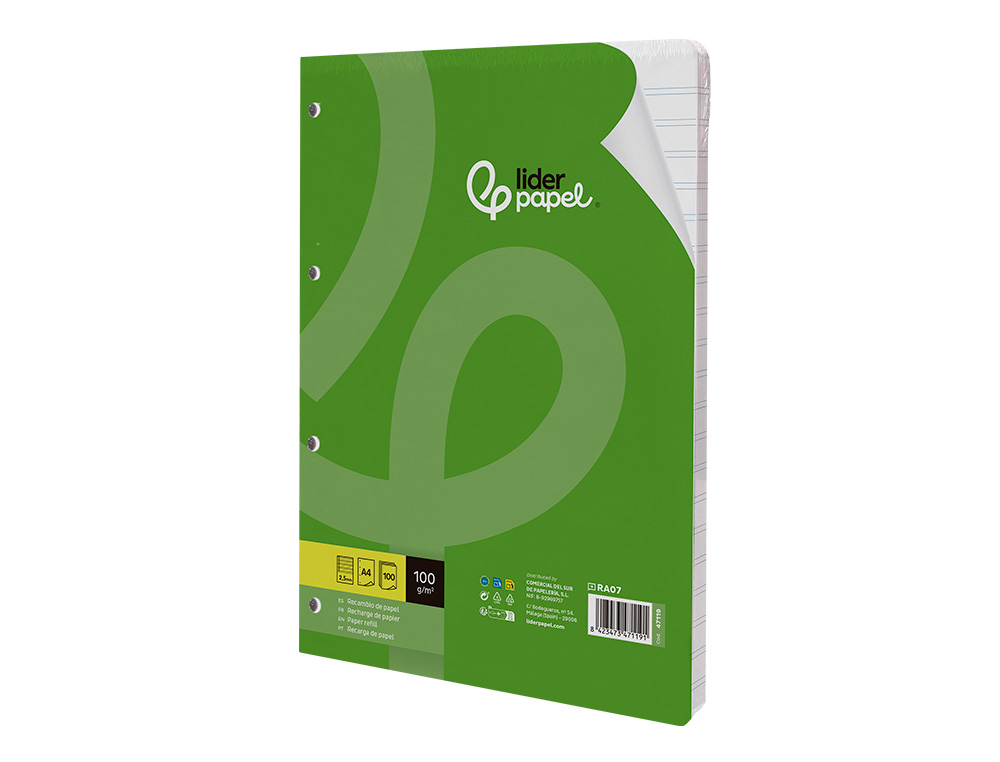 RECAMBIO LIDERPAPEL A4 100 HOJAS 100G/M2 PAUTA 5ª 2.5MM CON MARGEN 4 TALADROS