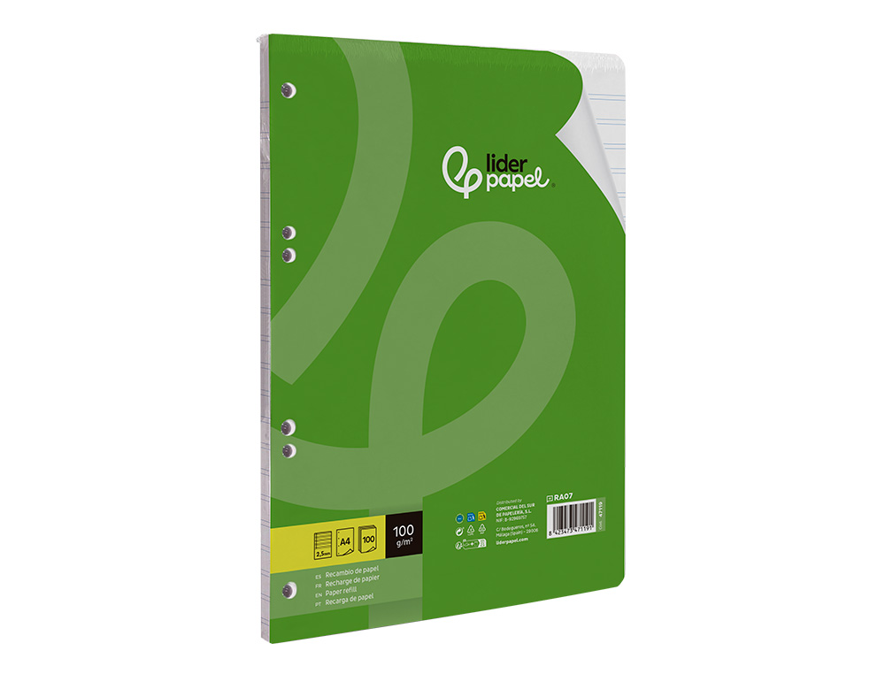 RECAMBIO LIDERPAPEL A4 100 HOJAS 100G/M2 PAUTA 5ª 2.5MM CON MARGEN 4 TALADROS