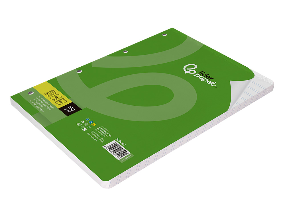 RECAMBIO LIDERPAPEL A4 100 HOJAS 100G/M2 PAUTA 5ª 2.5MM CON MARGEN 4 TALADROS