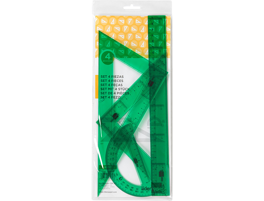 JUEGO ESCUADRA CARTABON REGLA 30 CM Y SEMICIRCULO EN PETACA LIDERPAPEL VERDE