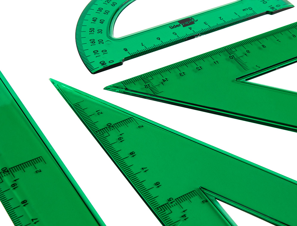 JUEGO ESCUADRA CARTABON REGLA 30 CM Y SEMICIRCULO EN PETACA LIDERPAPEL VERDE