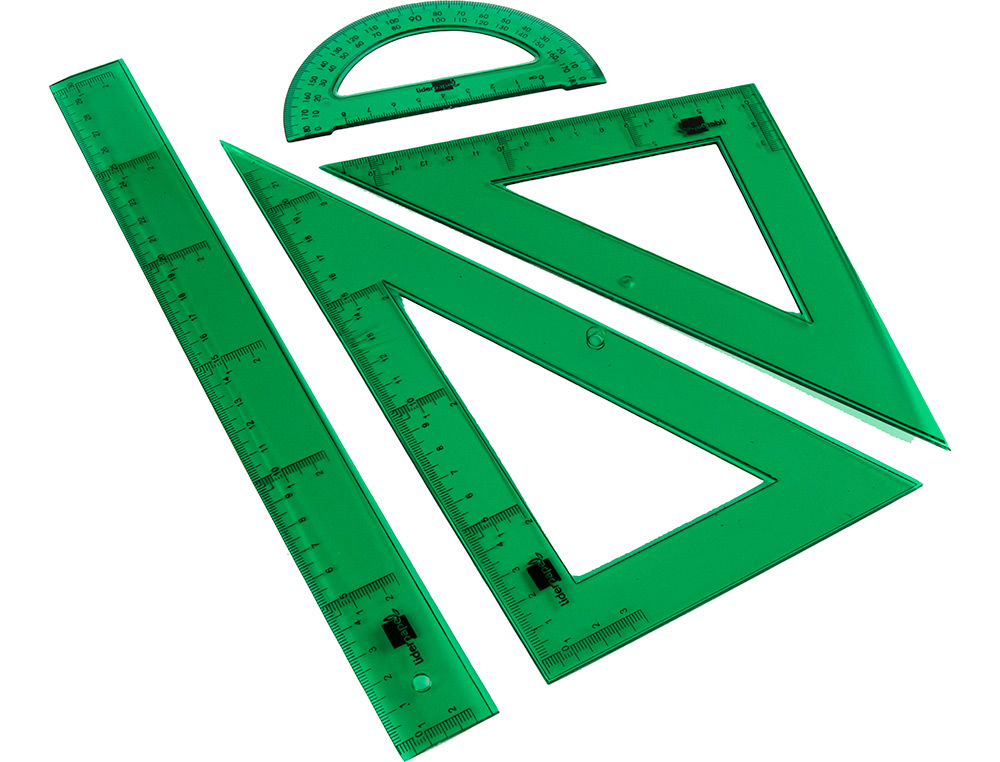JUEGO ESCUADRA CARTABON REGLA 30 CM Y SEMICIRCULO EN PETACA LIDERPAPEL VERDE