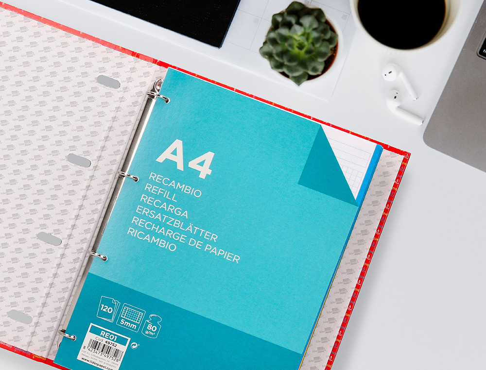 CARPETA CON RECAMBIO LIDERPAPEL A4 CUADRO 5MM FORRADA 4 ANILLAS 20MM