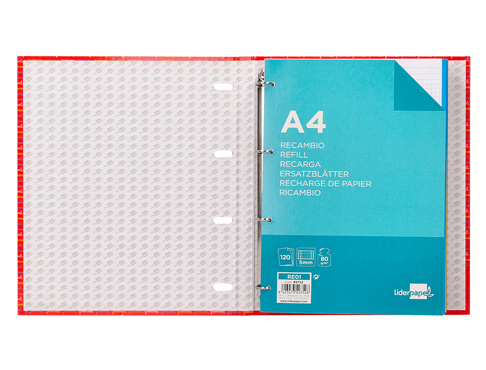 CARPETA CON RECAMBIO LIDERPAPEL A4 CUADRO 5MM FORRADA 4 ANILLAS 20MM