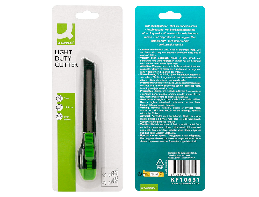 CUTER Q-CONNECT PLASTICO ESTRECHO CON ASA PARA COLGAR CUCHILLA 9 MM XD-07 BLISTER 1 UNIDAD