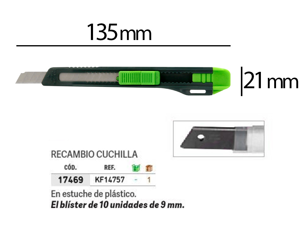 CUTER Q-CONNECT PLASTICO ESTRECHO CON ASA PARA COLGAR CUCHILLA 9 MM XD-07 BLISTER 1 UNIDAD