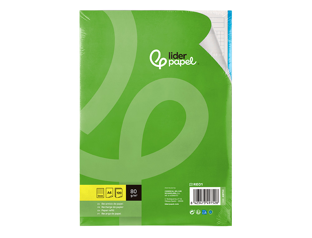 RECAMBIO LIDERPAPEL A4 120 HOJAS 80G/M2 CUADRO 5MM SIN MARGEN 4 TALADROS BANDAS DE 5 COLORES
