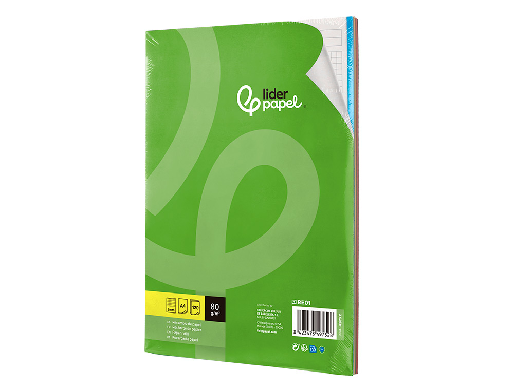 RECAMBIO LIDERPAPEL A4 120 HOJAS 80G/M2 CUADRO 5MM SIN MARGEN 4 TALADROS BANDAS DE 5 COLORES