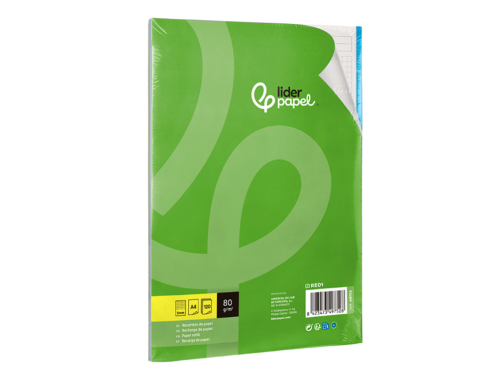 RECAMBIO LIDERPAPEL A4 120 HOJAS 80G/M2 CUADRO 5MM SIN MARGEN 4 TALADROS BANDAS DE 5 COLORES