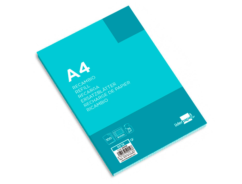 RECAMBIO LIDERPAPEL A4 100 HOJAS 75G/M2 CUADRO 4MM CON MARGEN 4 TALADROS