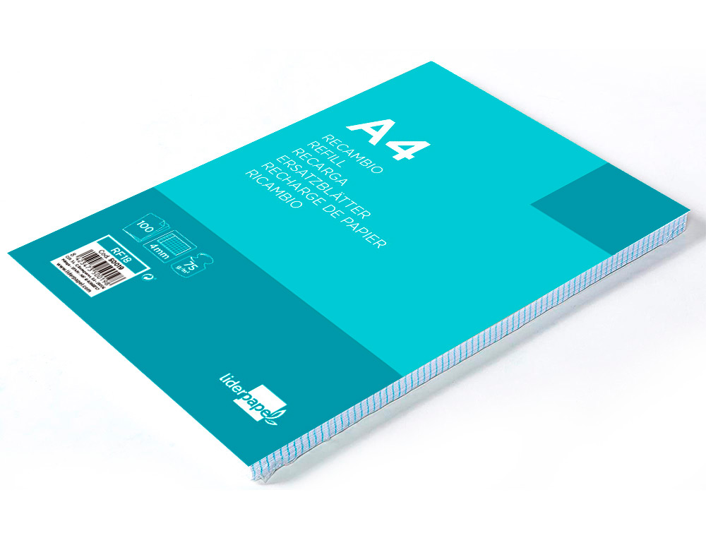 RECAMBIO LIDERPAPEL A4 100 HOJAS 75G/M2 CUADRO 4MM CON MARGEN 4 TALADROS