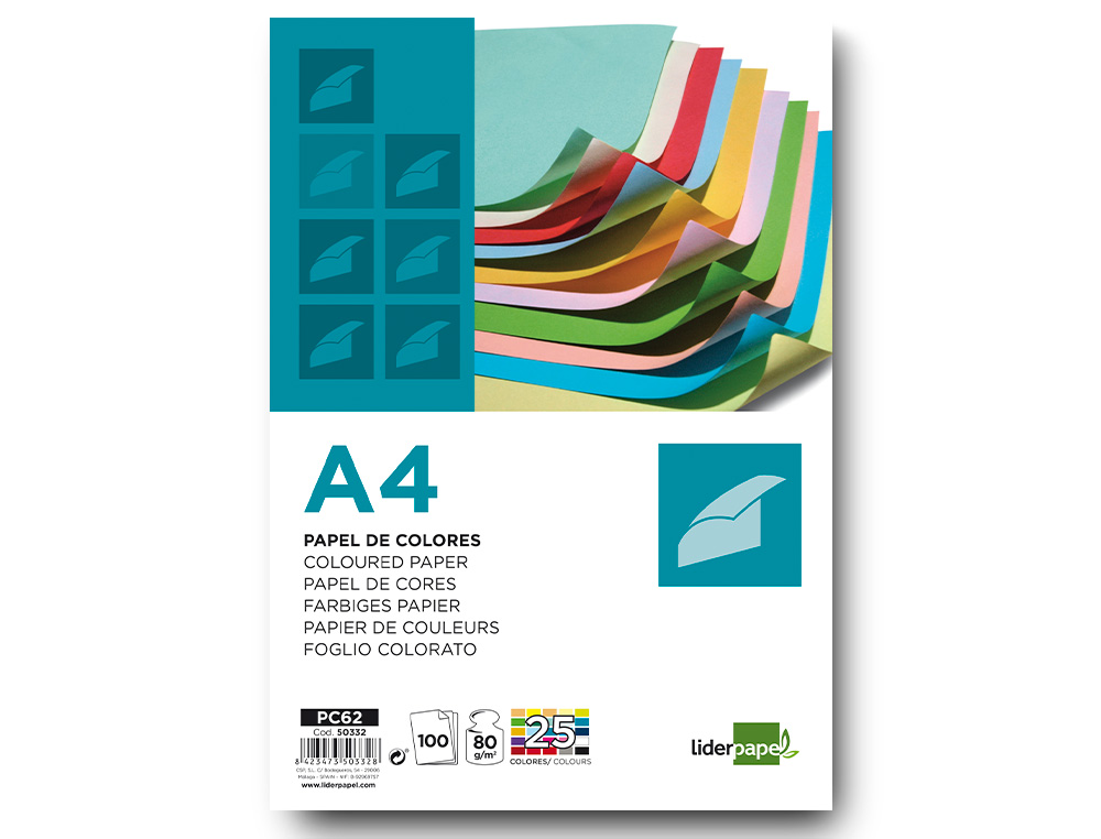 PAPEL COLOR LIDERPAPEL A4 80GR 25 COLORES SURTIDOS PAQUETE DE 100 HOJAS