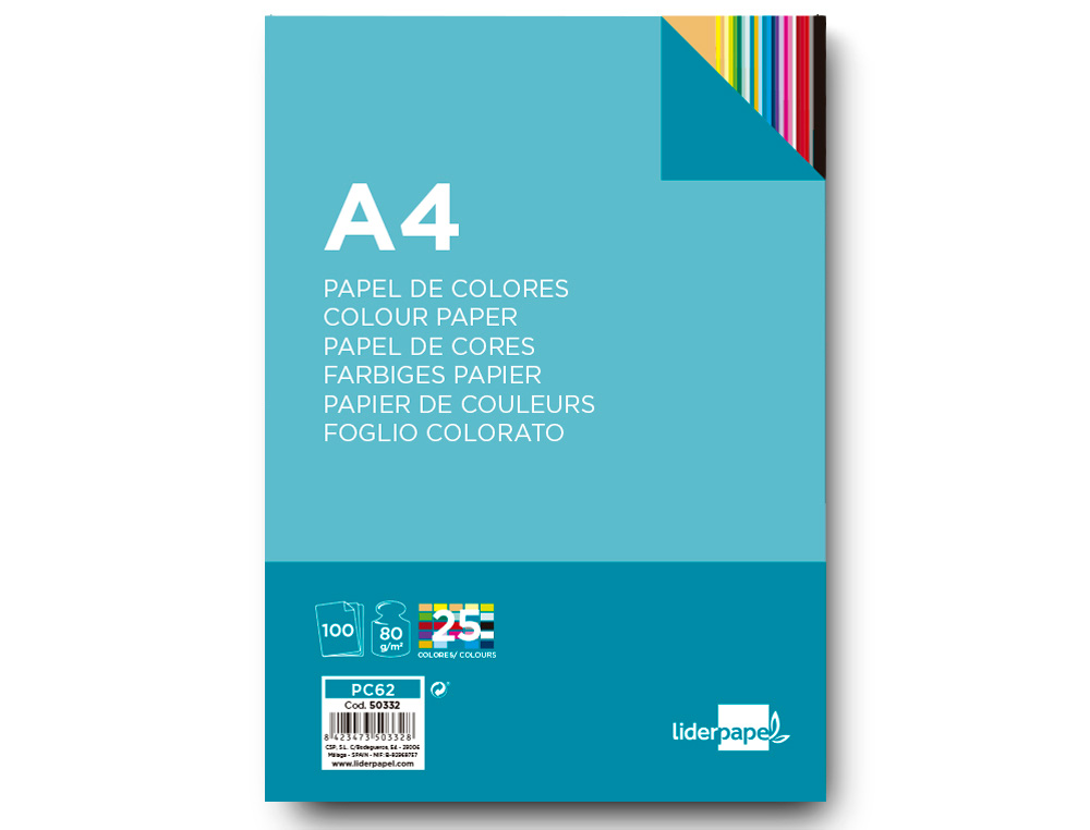 PAPEL COLOR LIDERPAPEL A4 80GR 25 COLORES SURTIDOS PAQUETE DE 100 HOJAS