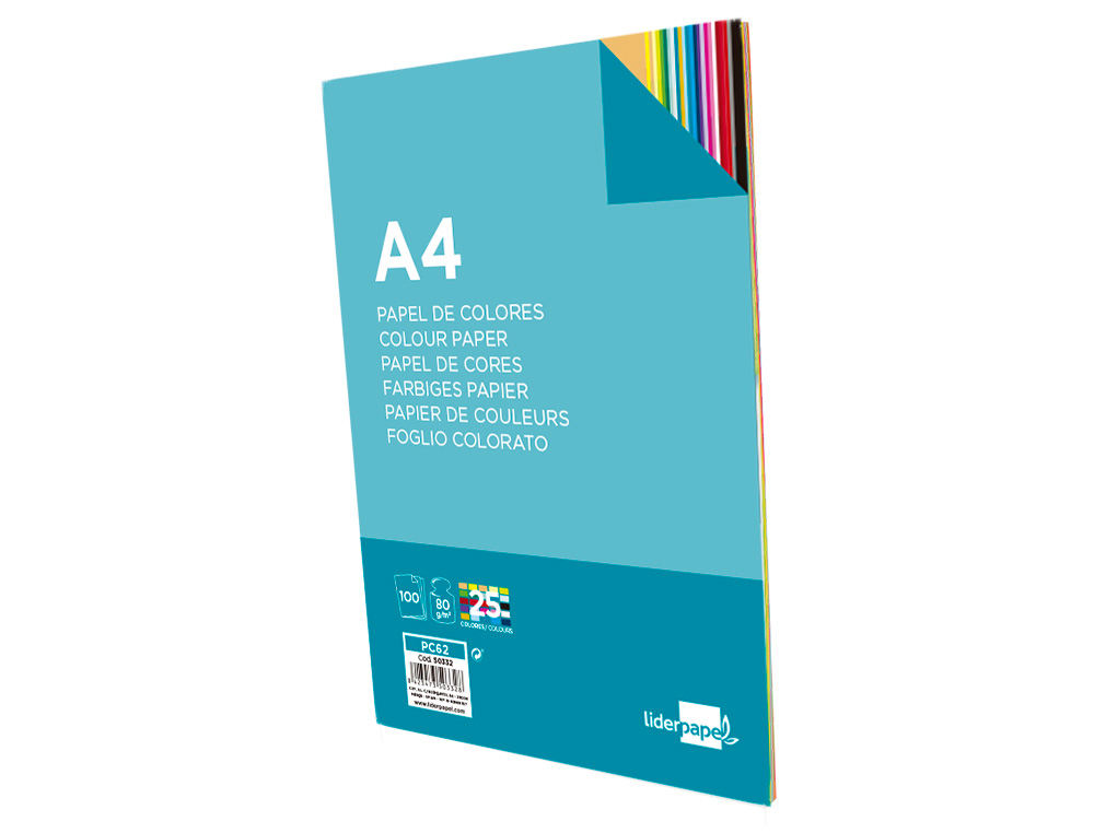 PAPEL COLOR LIDERPAPEL A4 80GR 25 COLORES SURTIDOS PAQUETE DE 100 HOJAS