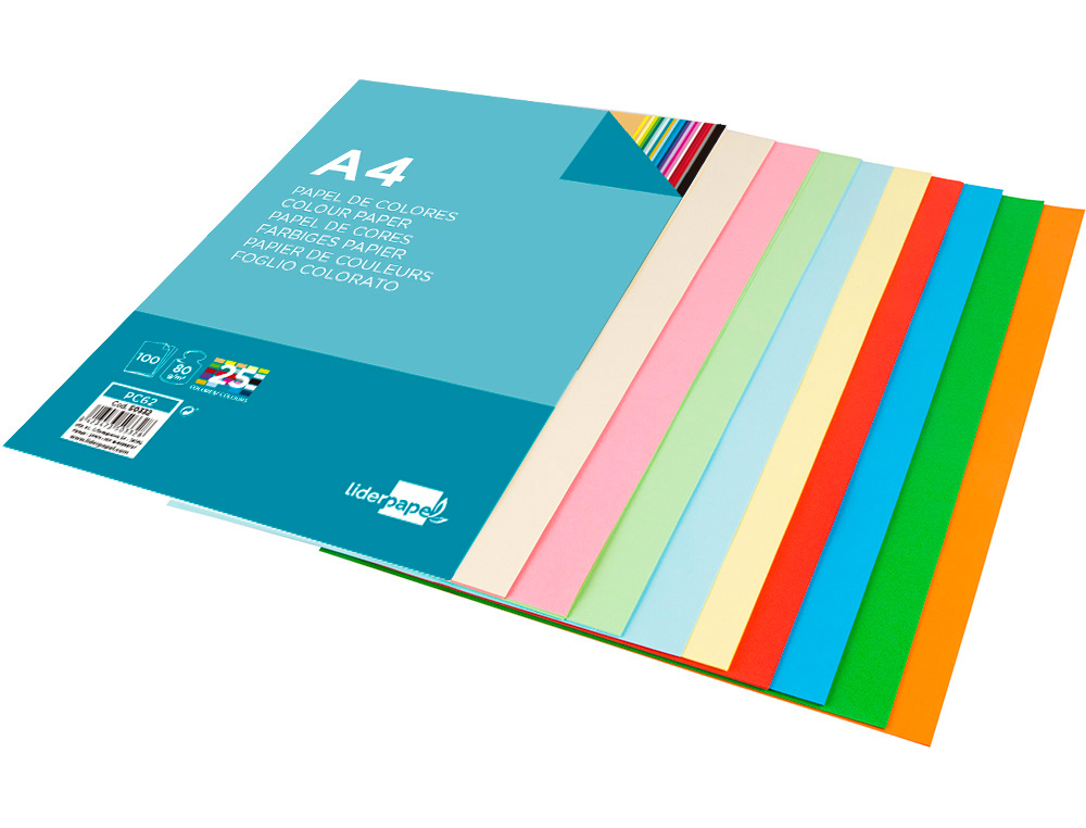 PAPEL COLOR LIDERPAPEL A4 80GR 25 COLORES SURTIDOS PAQUETE DE 100 HOJAS