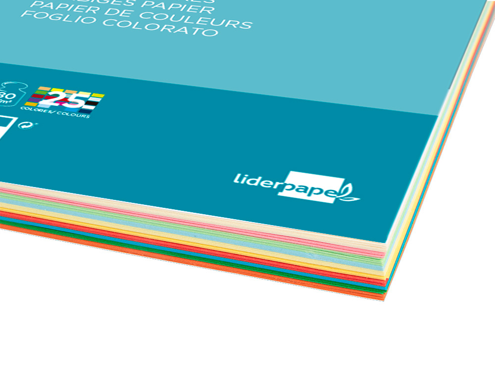 PAPEL COLOR LIDERPAPEL A4 80GR 25 COLORES SURTIDOS PAQUETE DE 100 HOJAS
