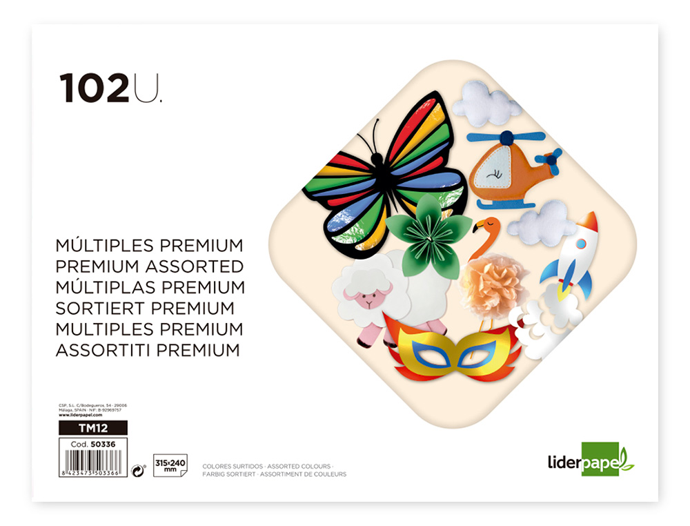 BLOC TRABAJOS MANUALES LIDERPAPEL MULTIPLE PREMIUM 240X315MM 102 HOJAS COLORES SURTIDOS