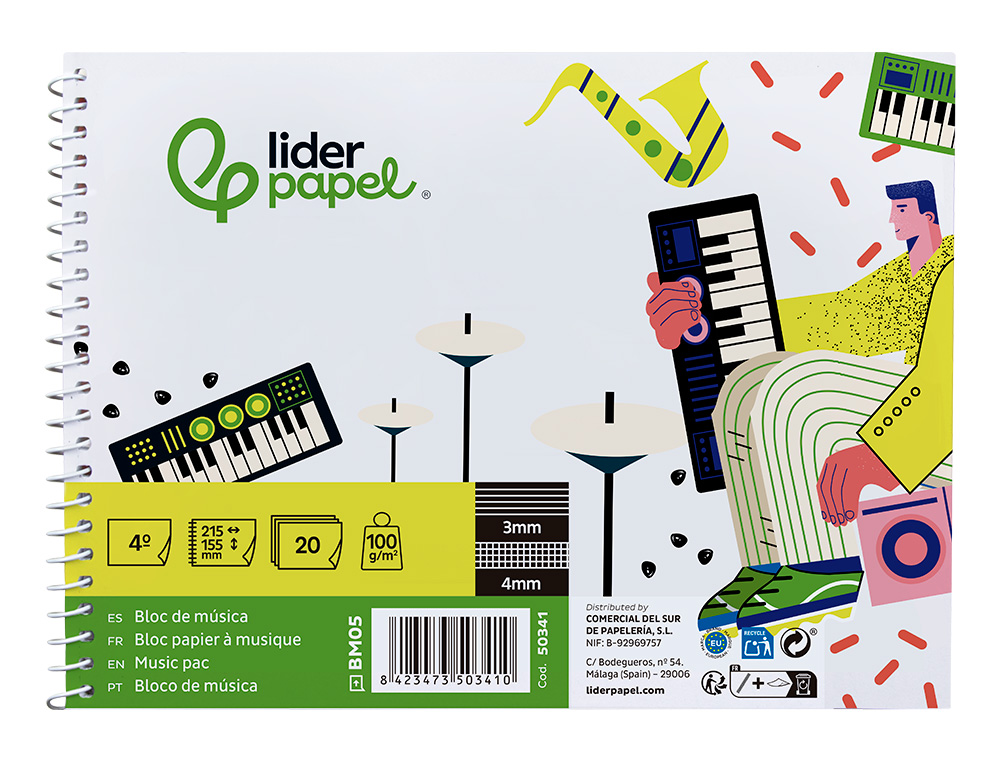 BLOC MUSICA LIDERPAPEL COMBI PENTAGRAMA 3MM MAS CUADRICULA DE 4MM PARA ANOTACIONES CUARTO20 HOJAS 100G/M2
