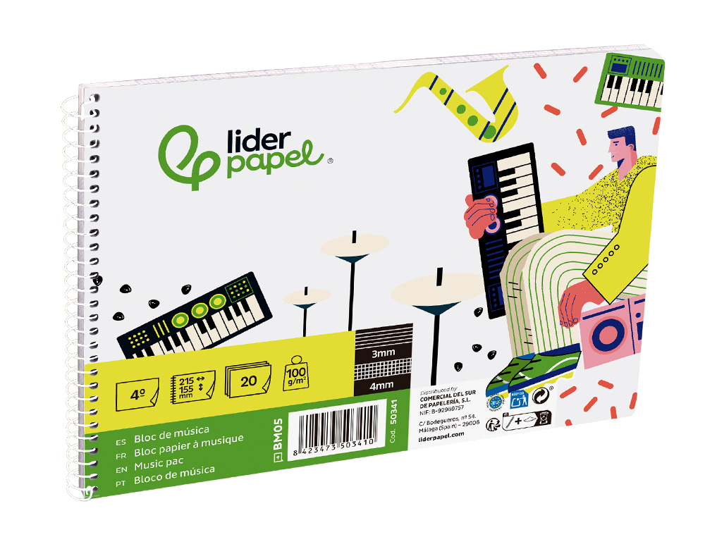 BLOC MUSICA LIDERPAPEL COMBI PENTAGRAMA 3MM MAS CUADRICULA DE 4MM PARA ANOTACIONES CUARTO20 HOJAS 100G/M2